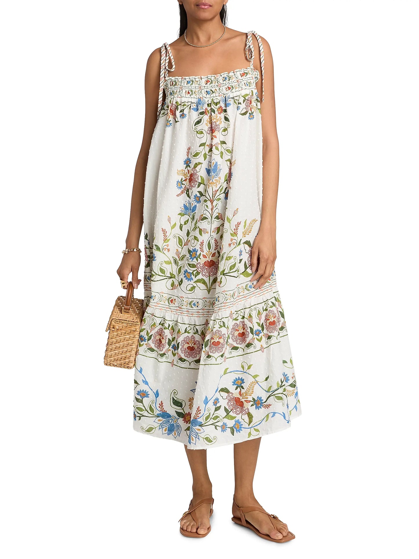 Farm Rio Stitched Garden Cotton Maxi Dress in Off White