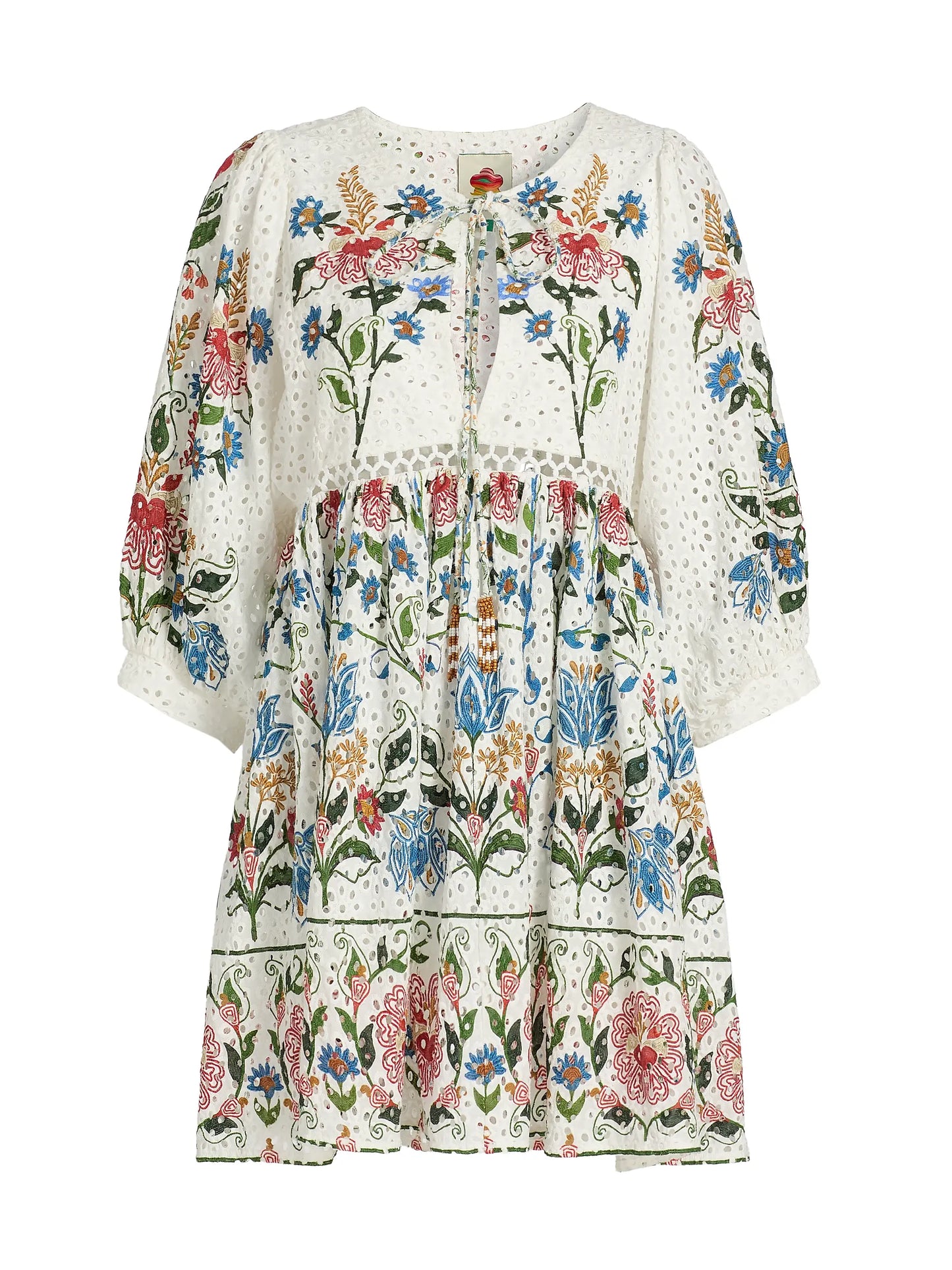 Farm Rio Stitched Garden Cotton Mini Dress in Off White