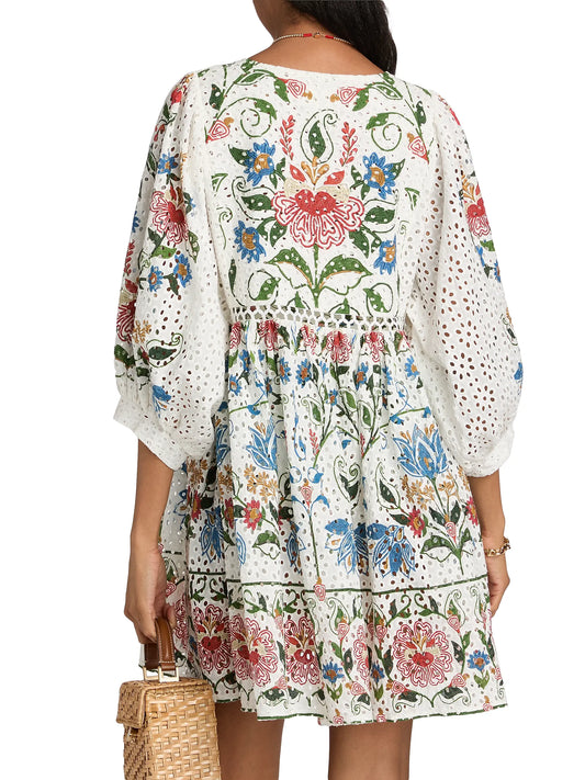 Farm Rio Stitched Garden Cotton Mini Dress in Off White