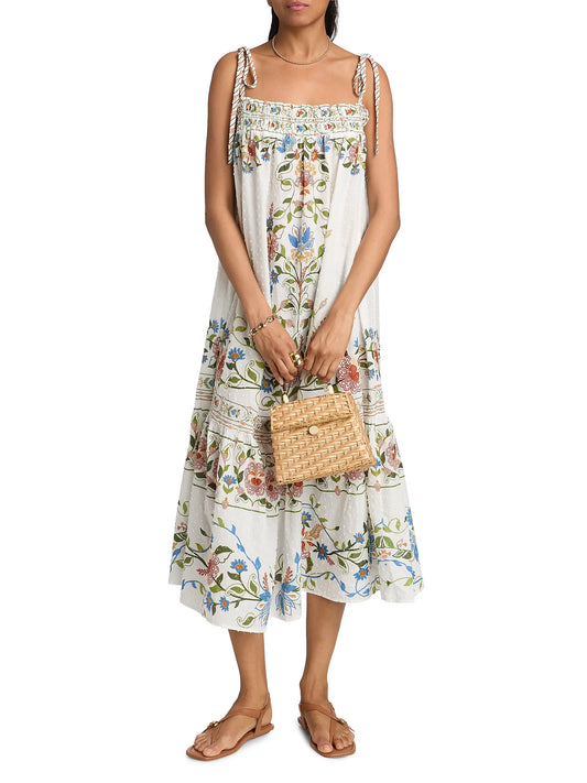 Farm Rio Stitched Garden Cotton Maxi Dress in Off White