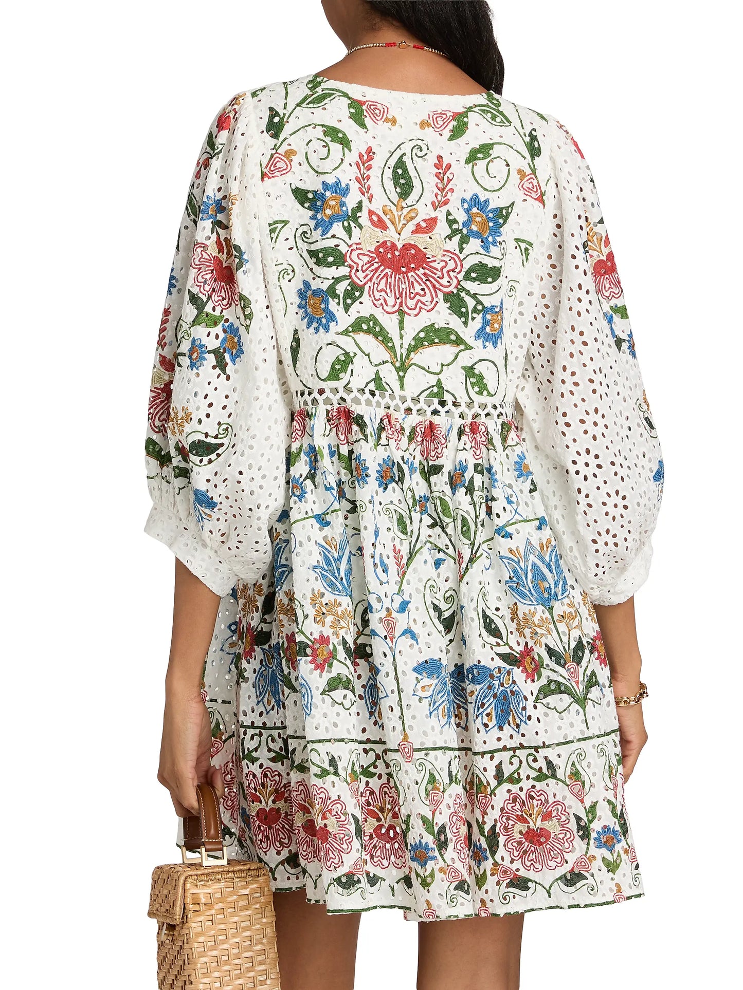Farm Rio Stitched Garden Cotton Mini Dress in Off White