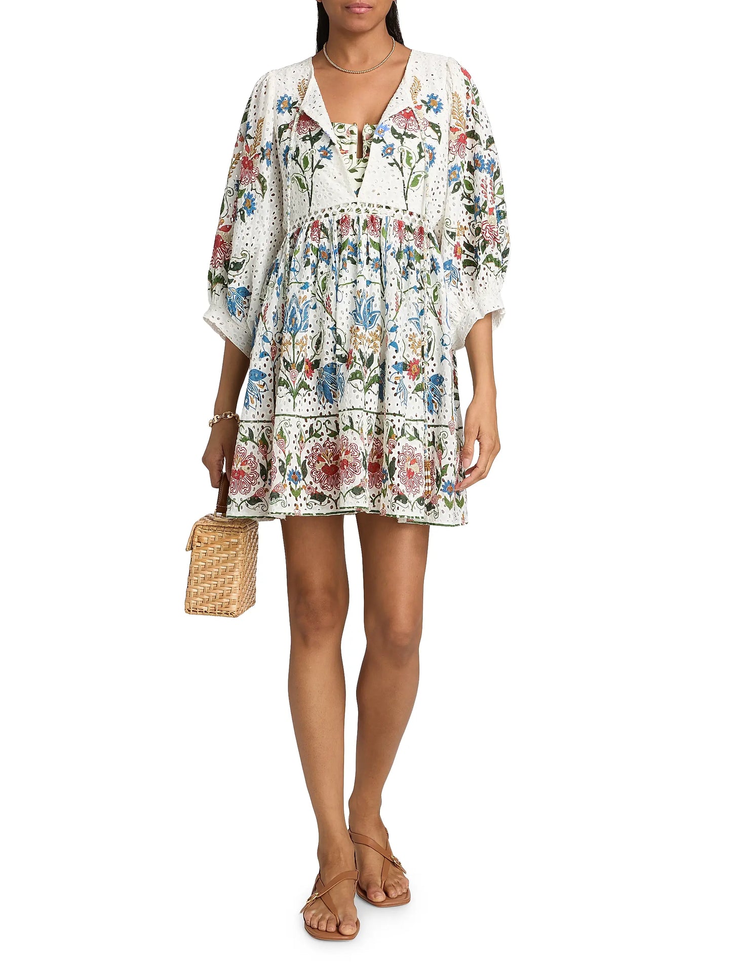 Farm Rio Stitched Garden Cotton Mini Dress in Off White