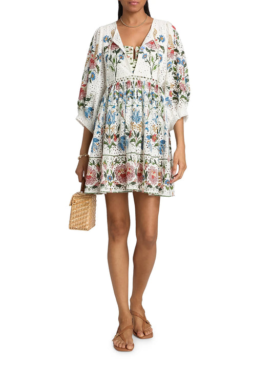 Farm Rio Stitched Garden Cotton Mini Dress in Off White