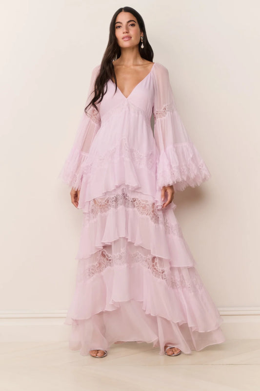 LoveShackFancy Devina Silk Chiffon Lace Maxi Dress in Orchid Ice