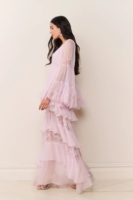 LoveShackFancy Devina Silk Chiffon Lace Maxi Dress in Orchid Ice