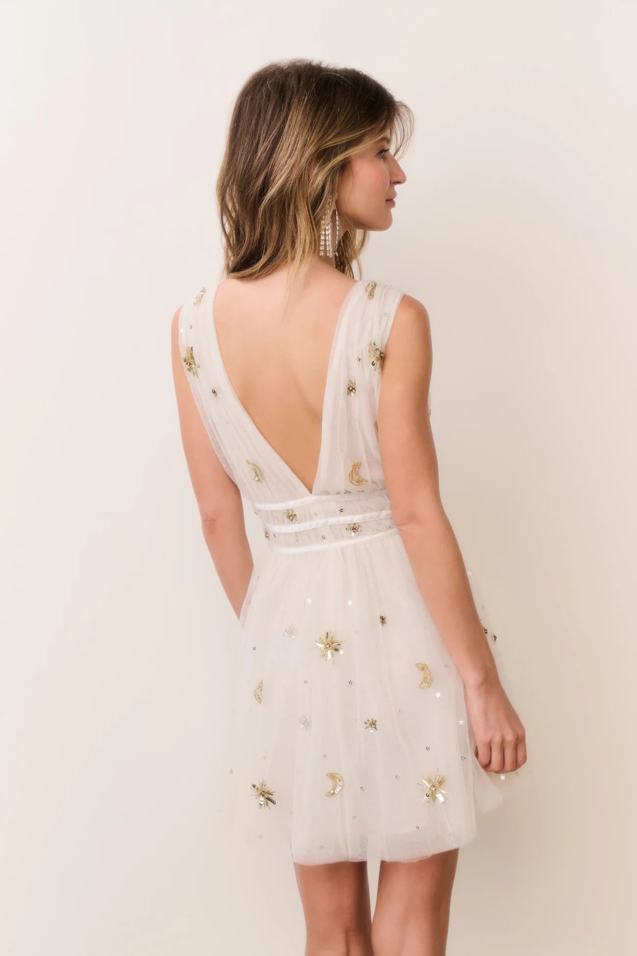 LoveShackFancy Lawton Celestial Embellished Dress in Lunar Gold